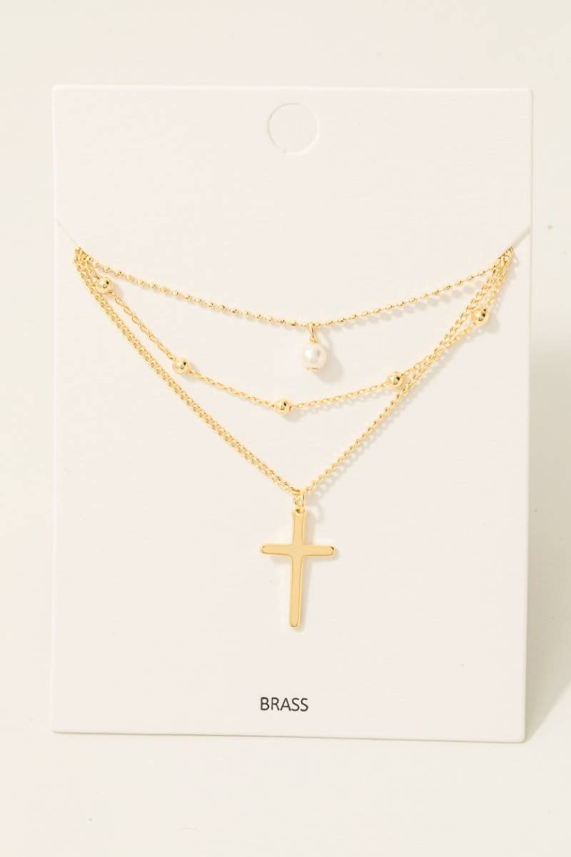 Fame Layered Chains Cross And Pearl Charm Necklace