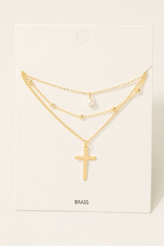 Fame Layered Chains Cross And Pearl Charm Necklace