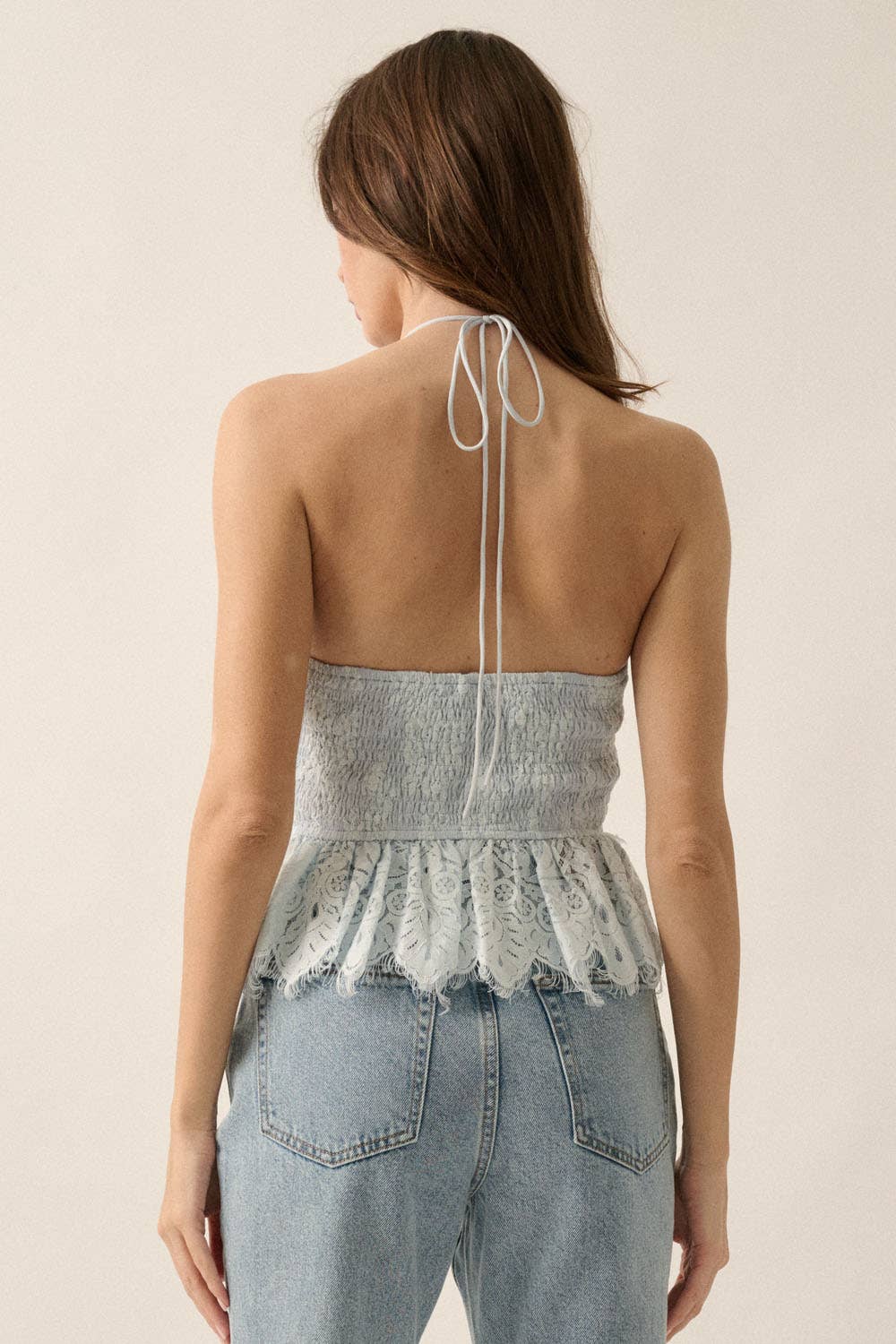 Promesa Layered Floral Eyelash Lace Ruffle Halter Cami Top