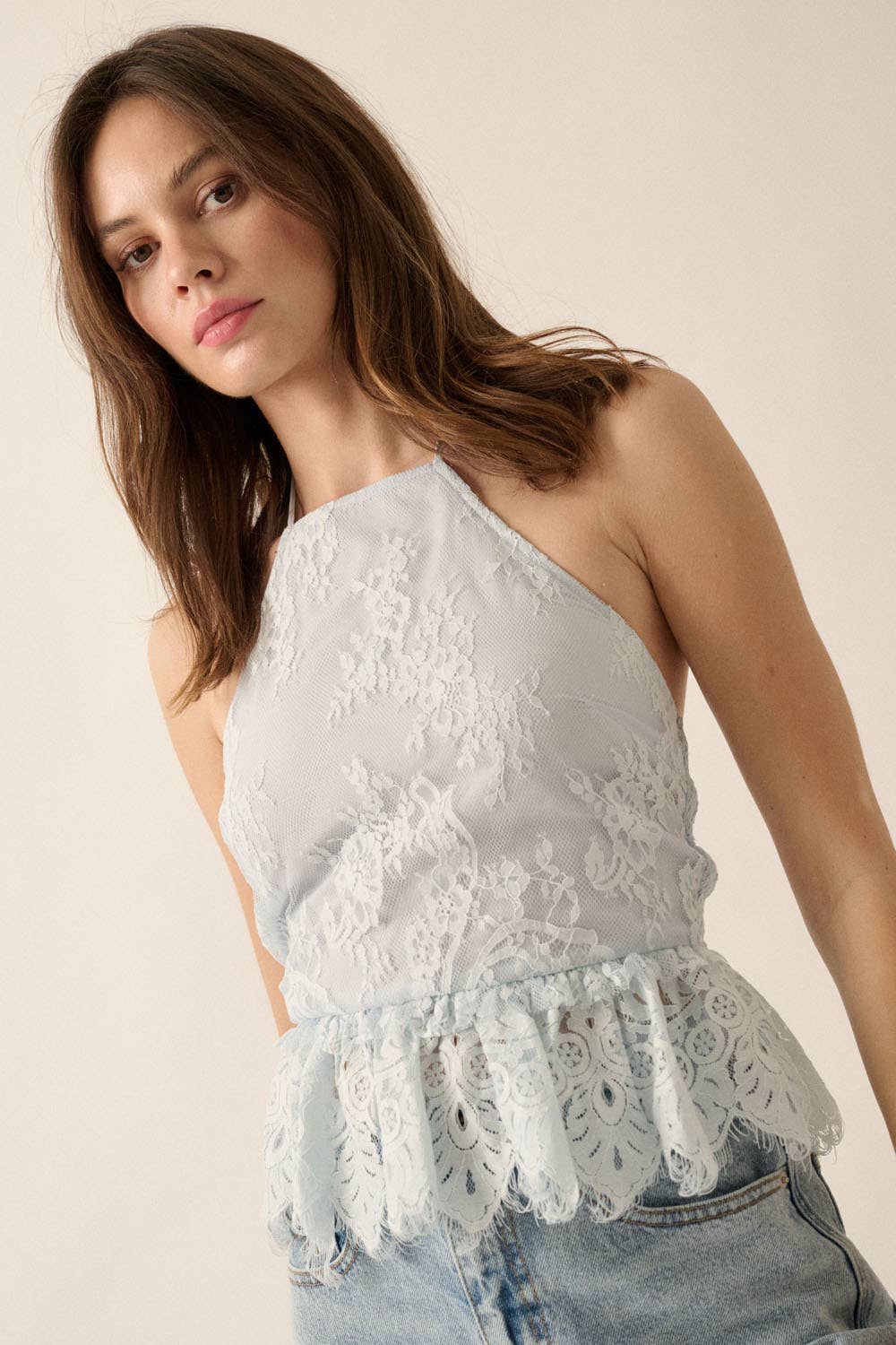 Promesa Layered Floral Eyelash Lace Ruffle Halter Cami Top