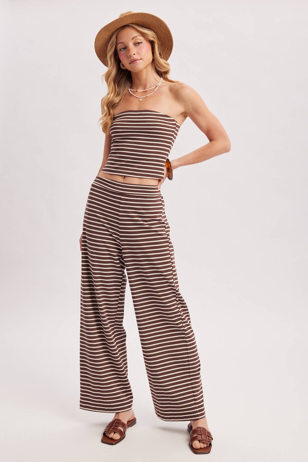 Bluivy Women's Striped Knit Tube And Wide Pants Set