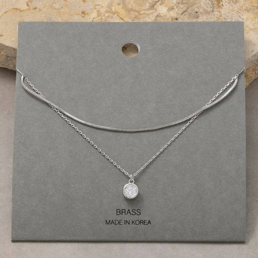 Round Cz Pendant Layered Chains Necklace