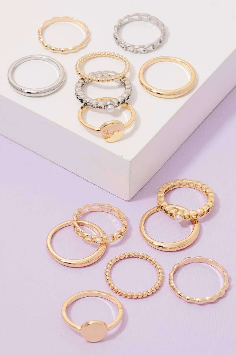Fame Pearl Stud Mixed Chain 7Pc Band Rings Set