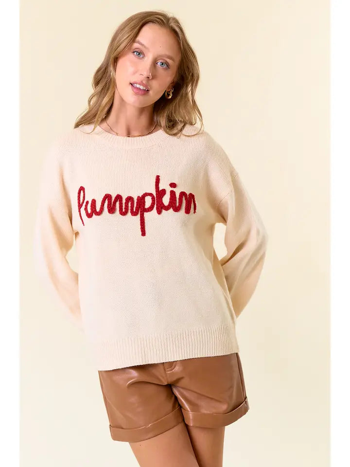 Doe and Rae Women's Pumpkin Letter Embroidered Oversized Sweater Top