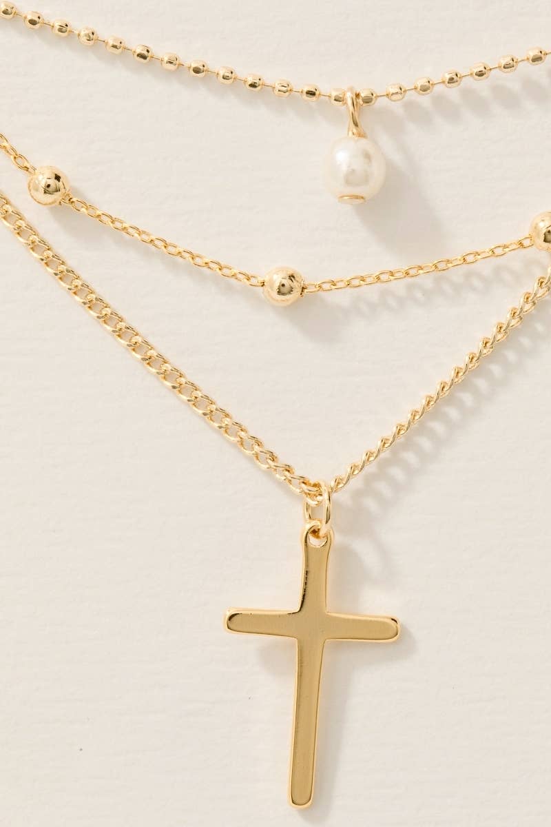 Fame Layered Chains Cross And Pearl Charm Necklace