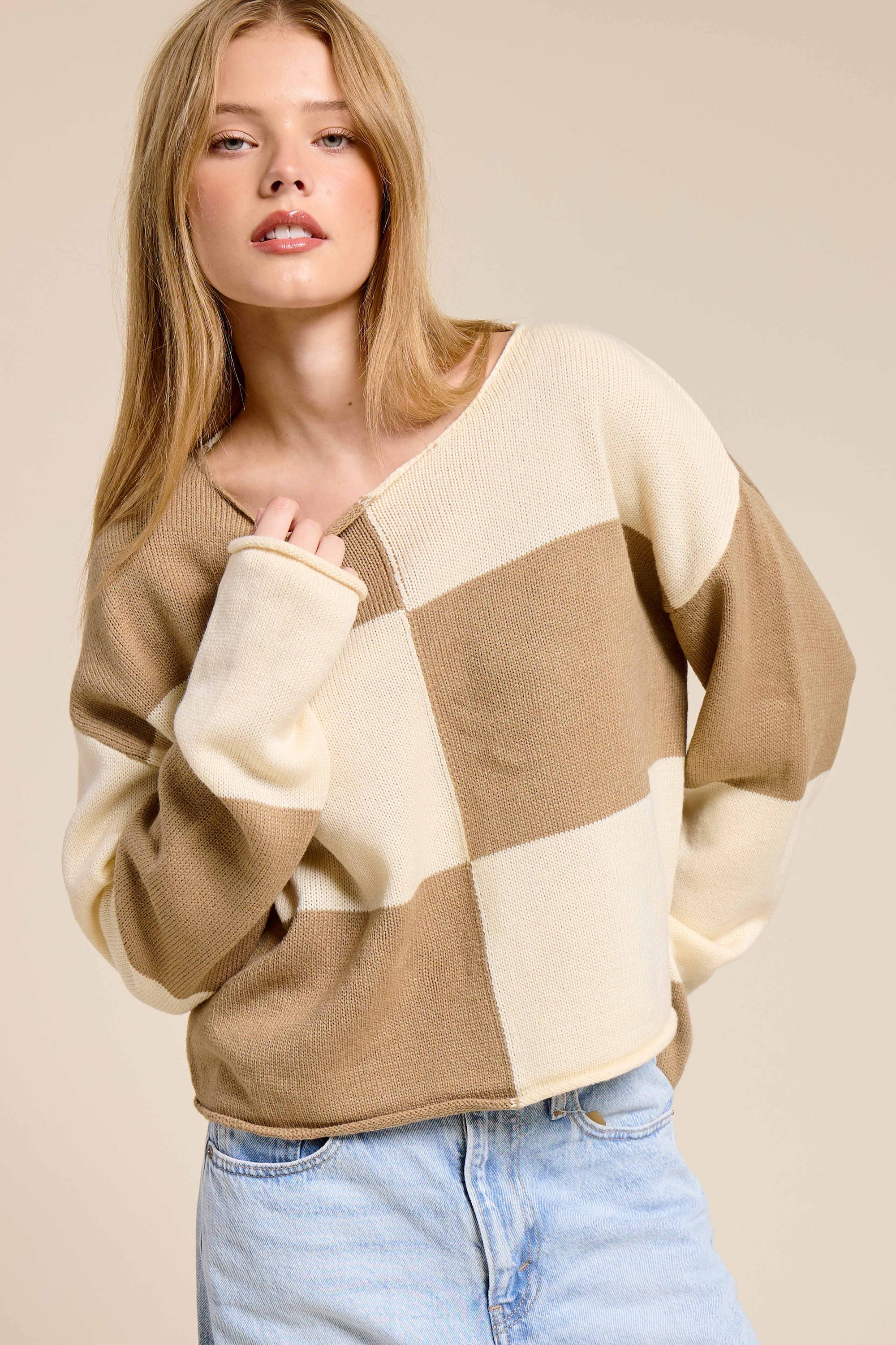 Checkered Sweater Loose Fit Rolled Hem Sweater