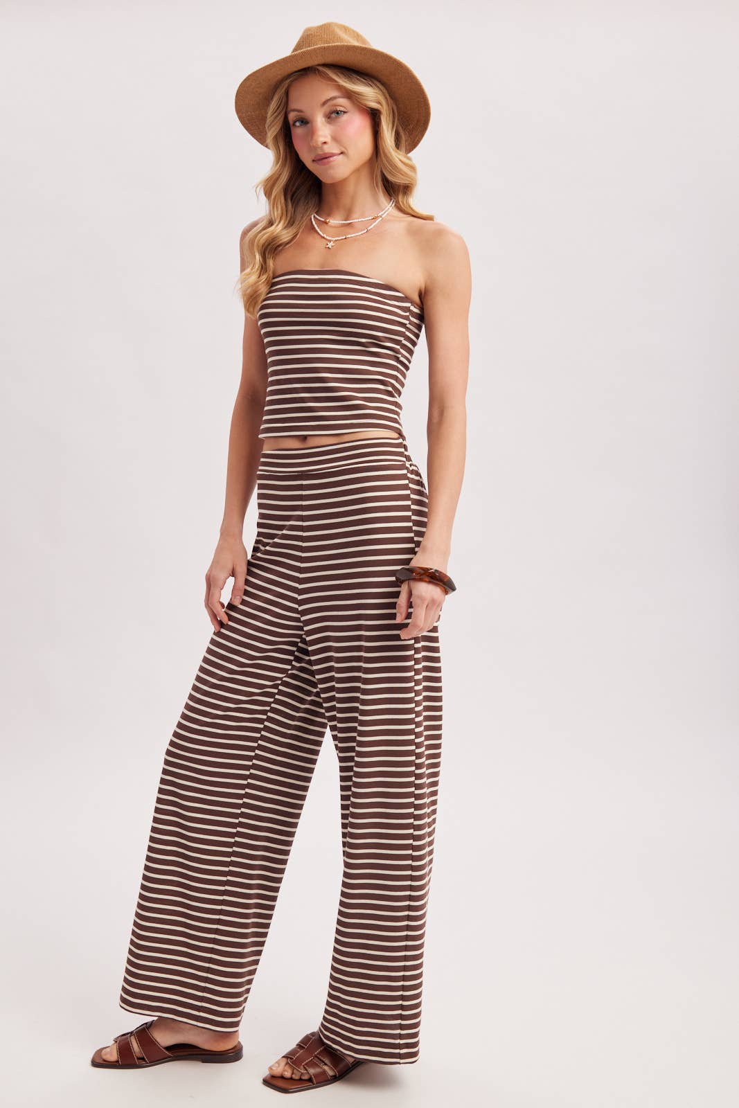 Bluivy Women's Striped Knit Tube And Wide Pants Set