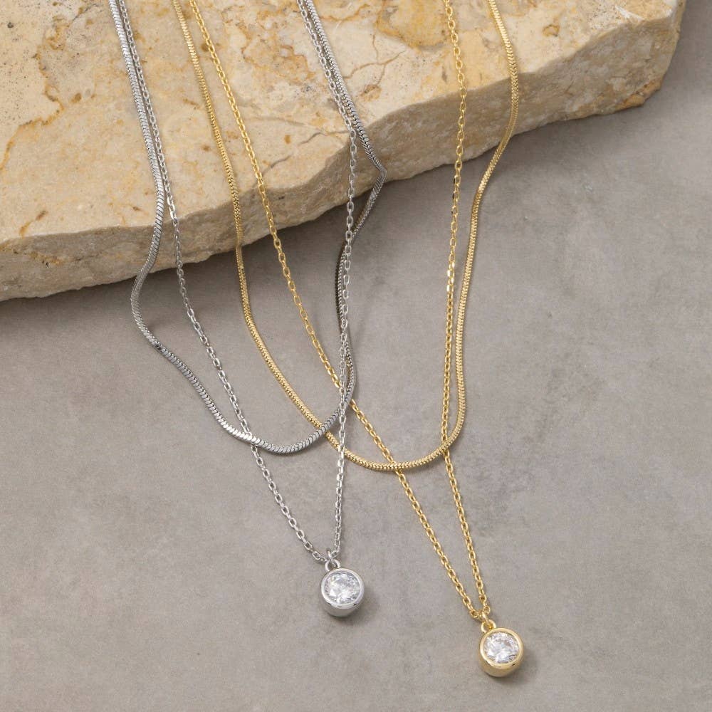 Round Cz Pendant Layered Chains Necklace