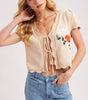 BLUE IVY WOMEN'S EMBROIDERED CAP SLEEVE OPEN FRONT SELF-TIE KNIT TOP