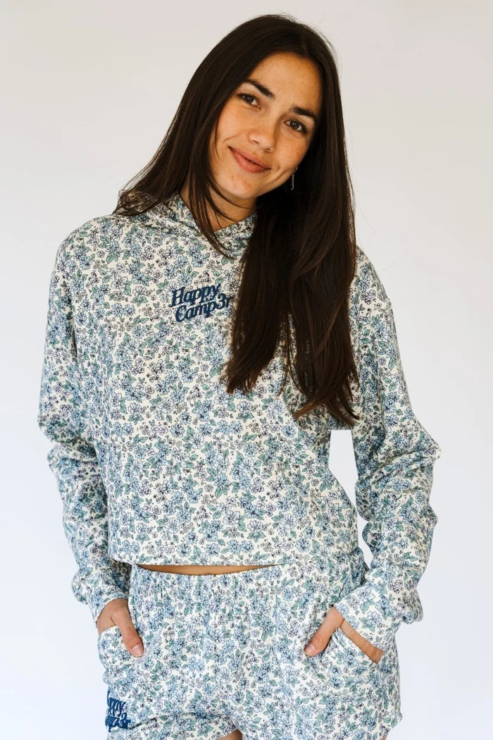 Happy Camp3r Women's Dusty Blue Garden Scuba Croped Sweater
