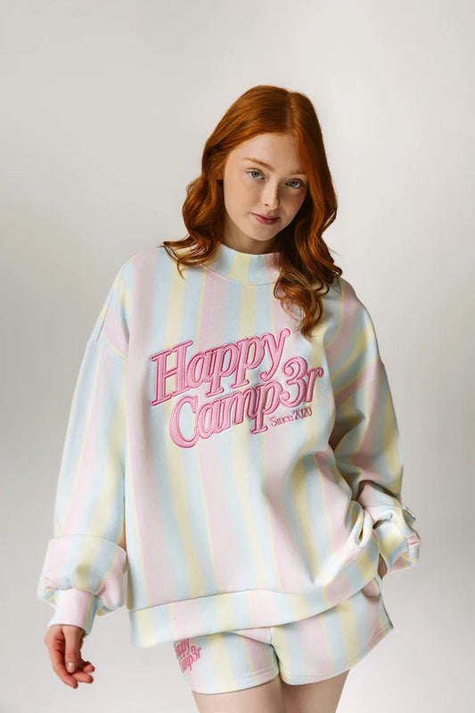 Happy Camp3r Women's Sherbet Stripes Applique Mockneck Sweatshirt
