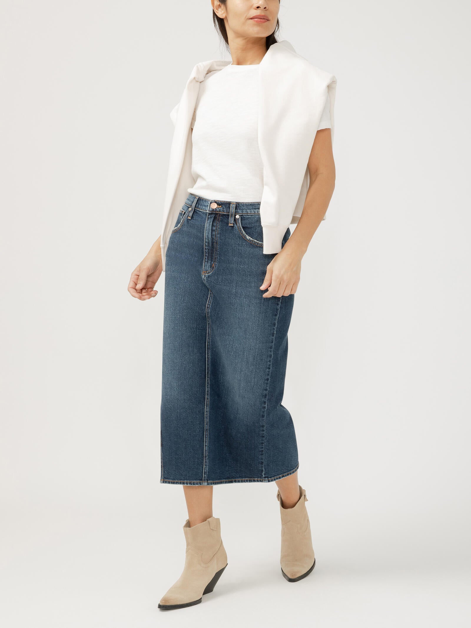 Silver Women's Side Slit Denim Midi Skirt
