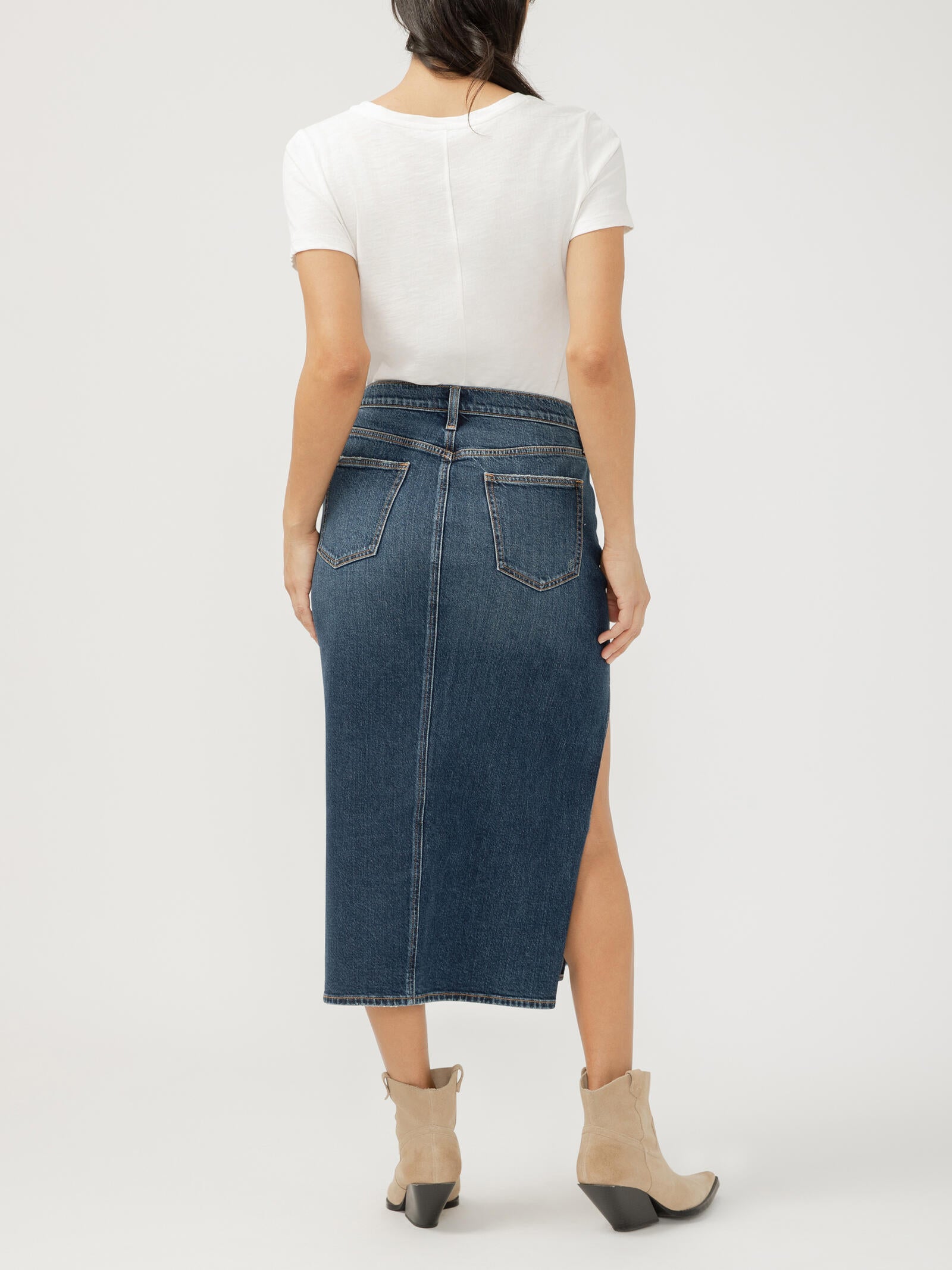 Silver Women's Side Slit Denim Midi Skirt